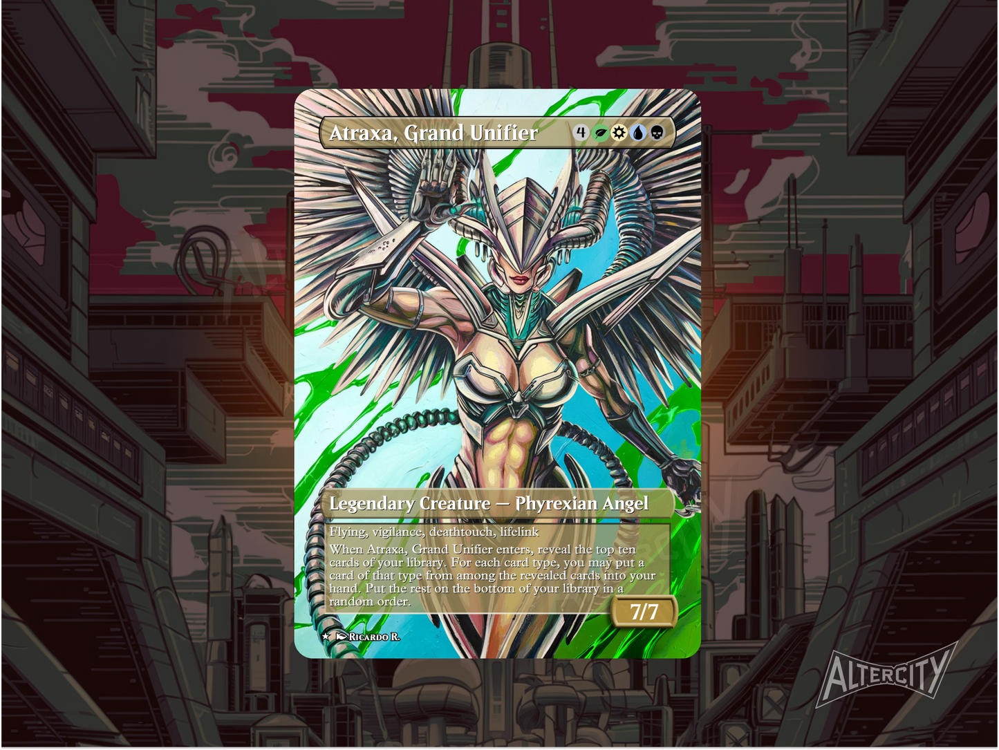 Custom Atraxa, Grand Unifier MTG proxy with radiant altered art and multicolor design.