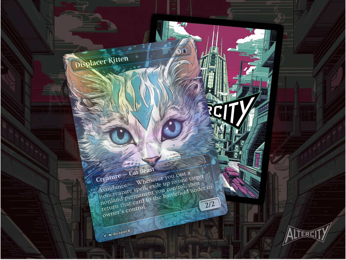 Displacer Kitten (v2) - Full Art Borderless Alter - MTG Custom Cards, Commander, Edh and Cedh High Quality Alters