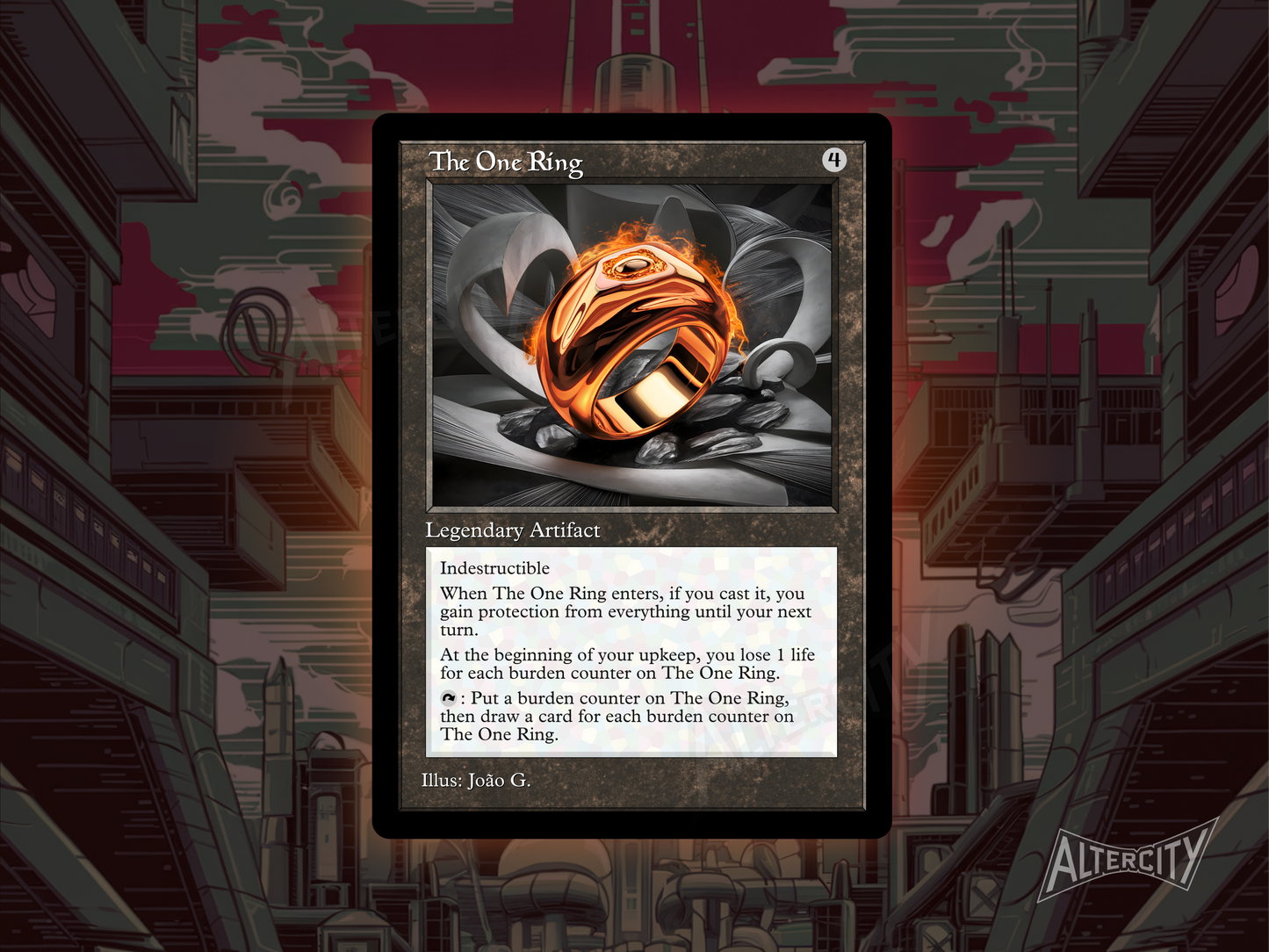 Custom The One Ring MTG proxy with iconic full-art design granting protection and exponential card draw.