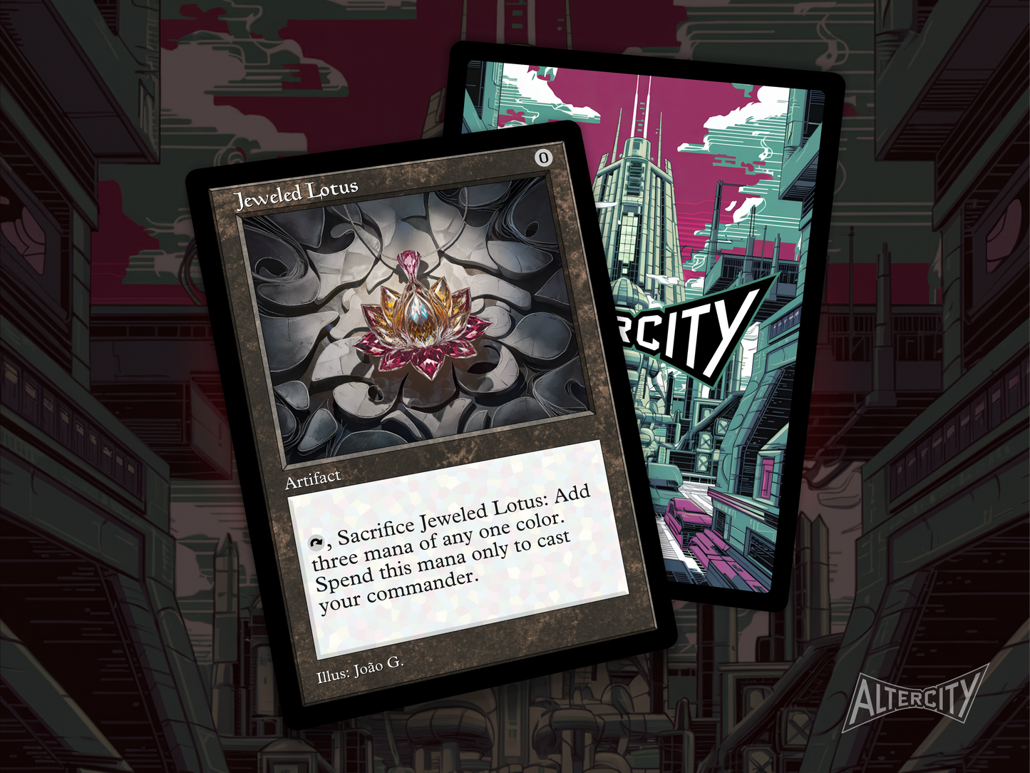 High-quality Magic proxy of Jeweled Lotus featuring vibrant altered artwork and EDH mana acceleration.