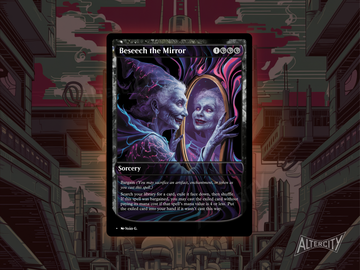 Custom Beseech the Mirror MTG proxy with mystical full-art design for library searching.
