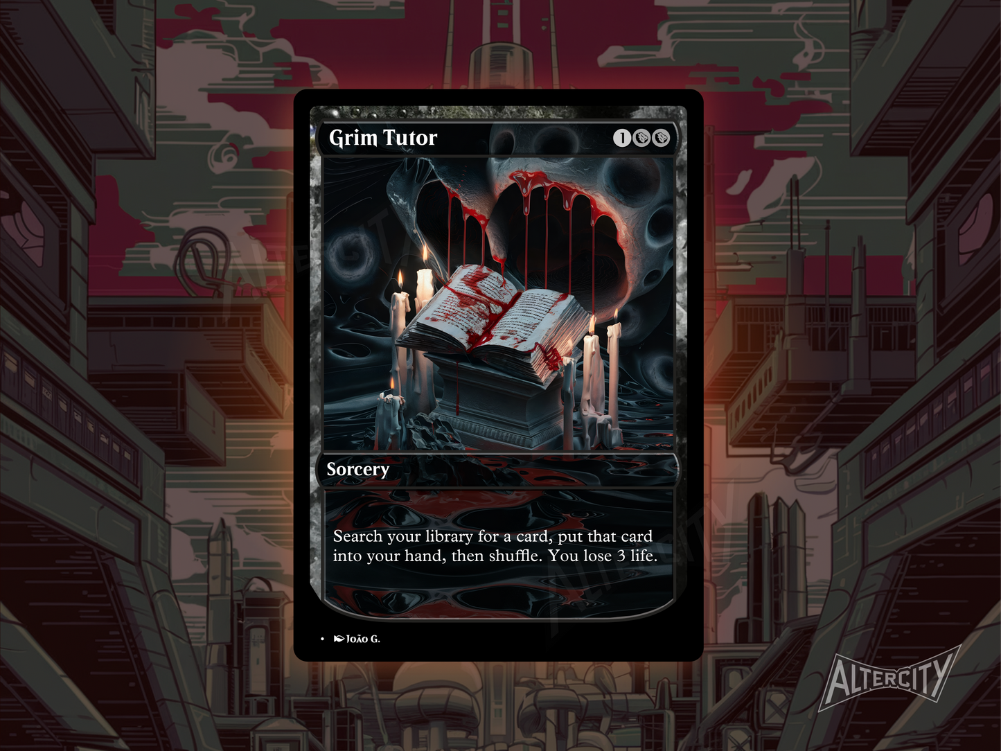 Custom Grim Tutor MTG proxy with dark full-art design for powerful black tutor effect.