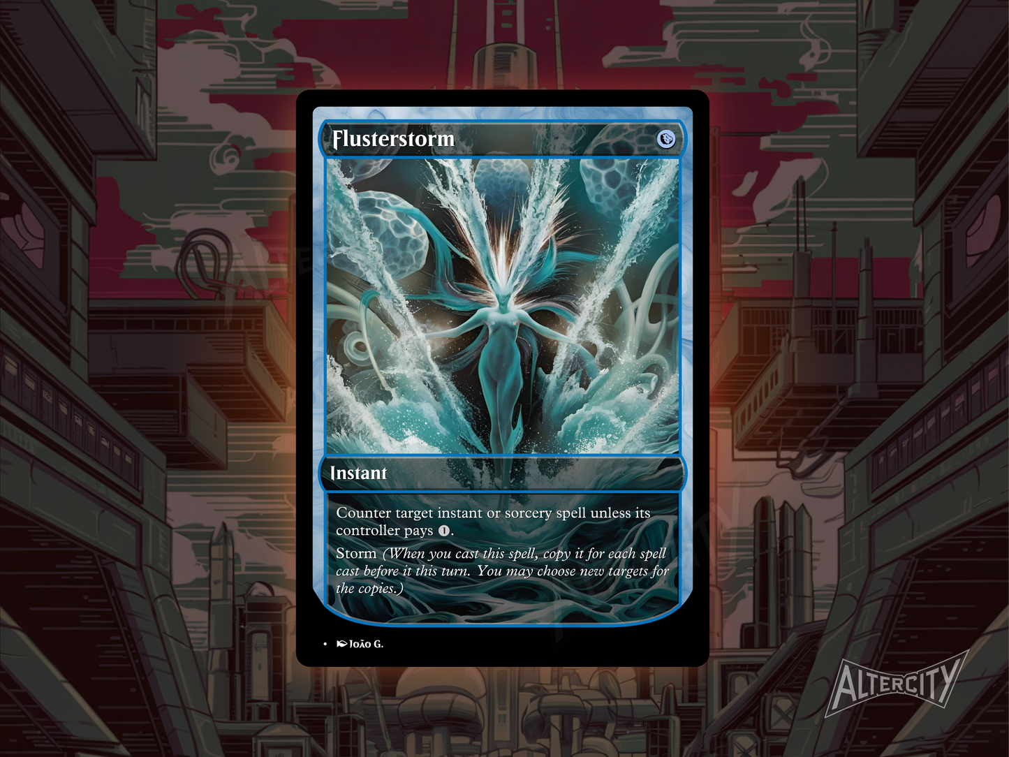 Custom Flusterstorm MTG proxy with lightning-infused full-art design for counterspell control.