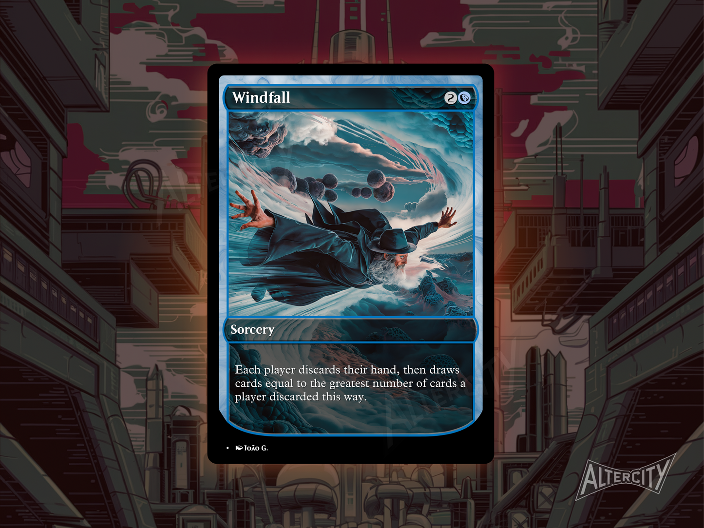 Custom Windfall MTG proxy with swirling, storm-themed altered artwork.