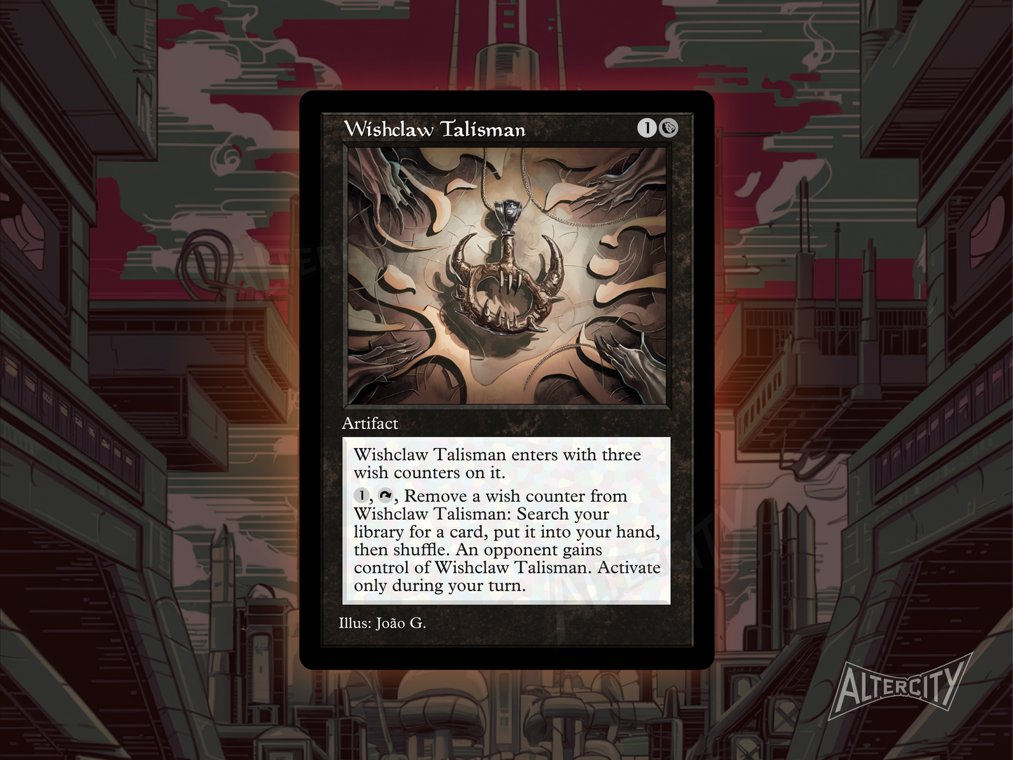 Custom Wishclaw Talisman MTG proxy with mystical, arcane altered artwork.