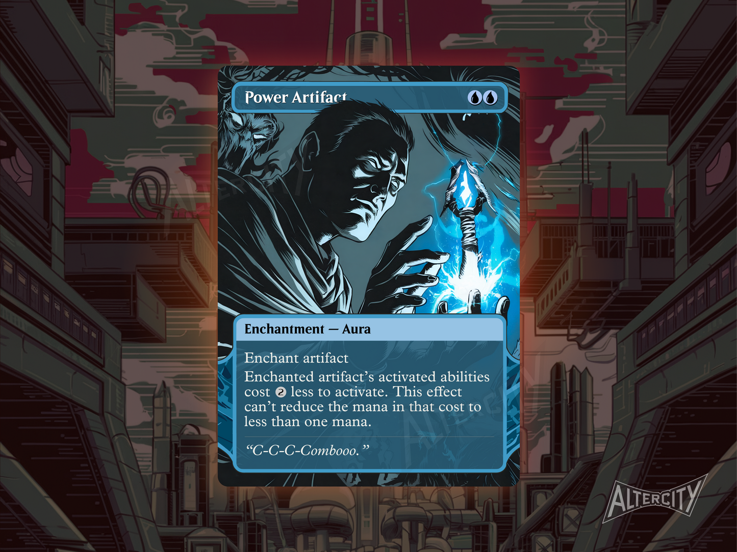 Custom Power Artifact MTG proxy with glowing, mechanical altered artwork.