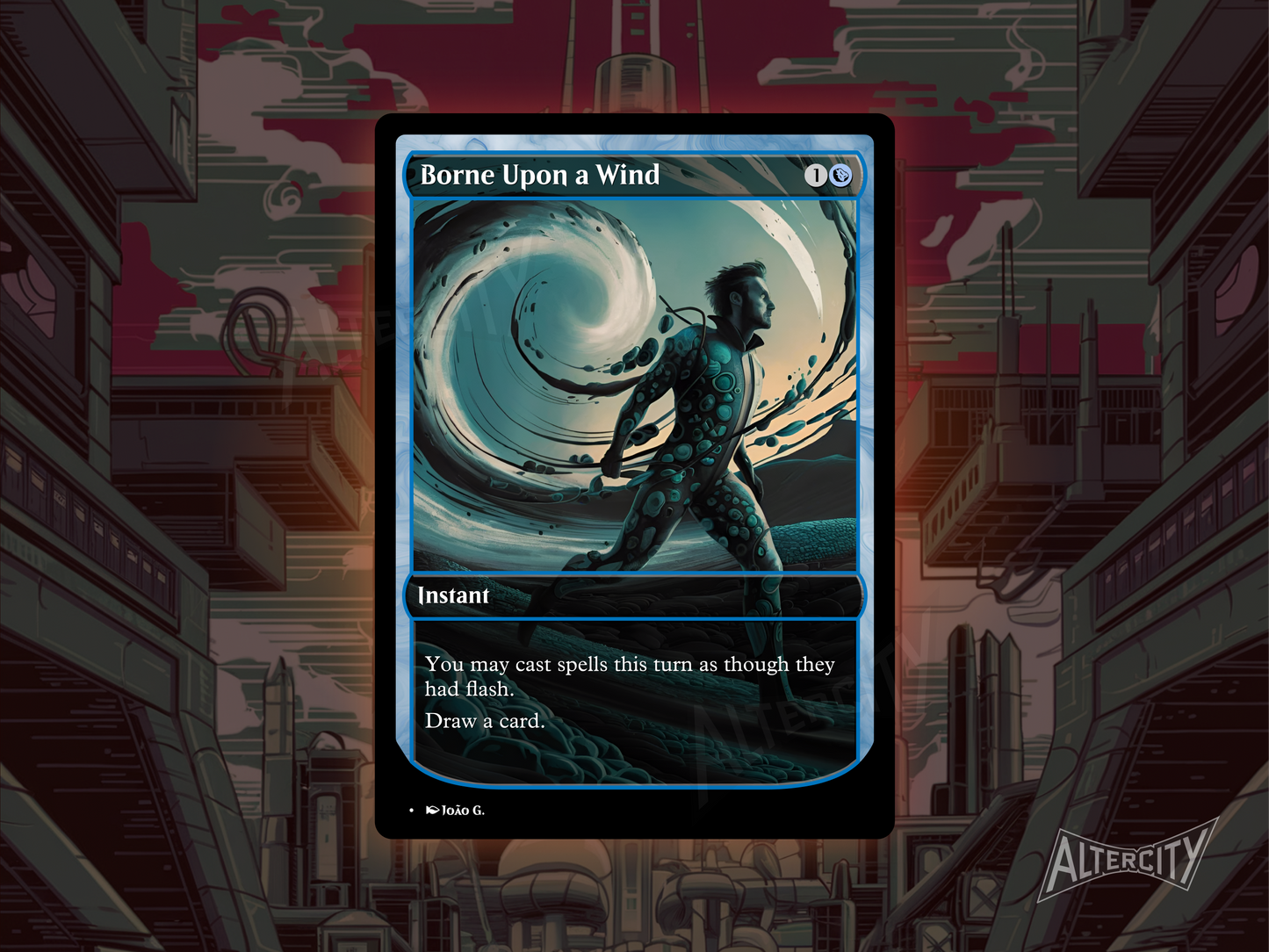 Custom Borne Upon a Wind MTG proxy with airy, wind-themed altered artwork.