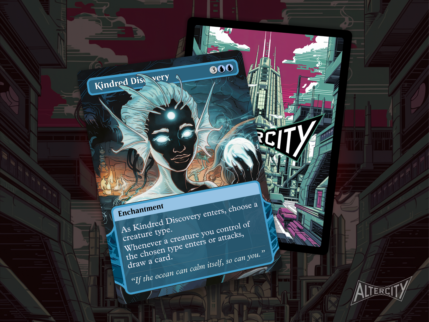 Premium MTG proxy of Kindred Discovery featuring vibrant altered artwork for casual formats.
