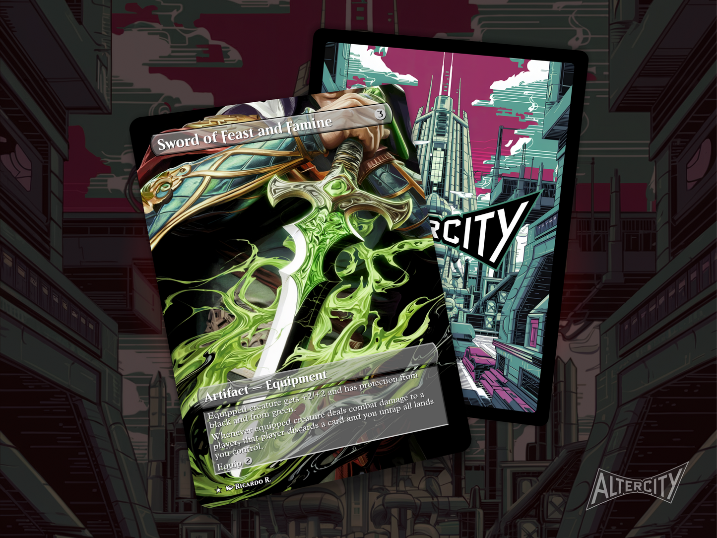 High-quality custom MTG proxy of Sword of Feast and Famine with unique full-art design.