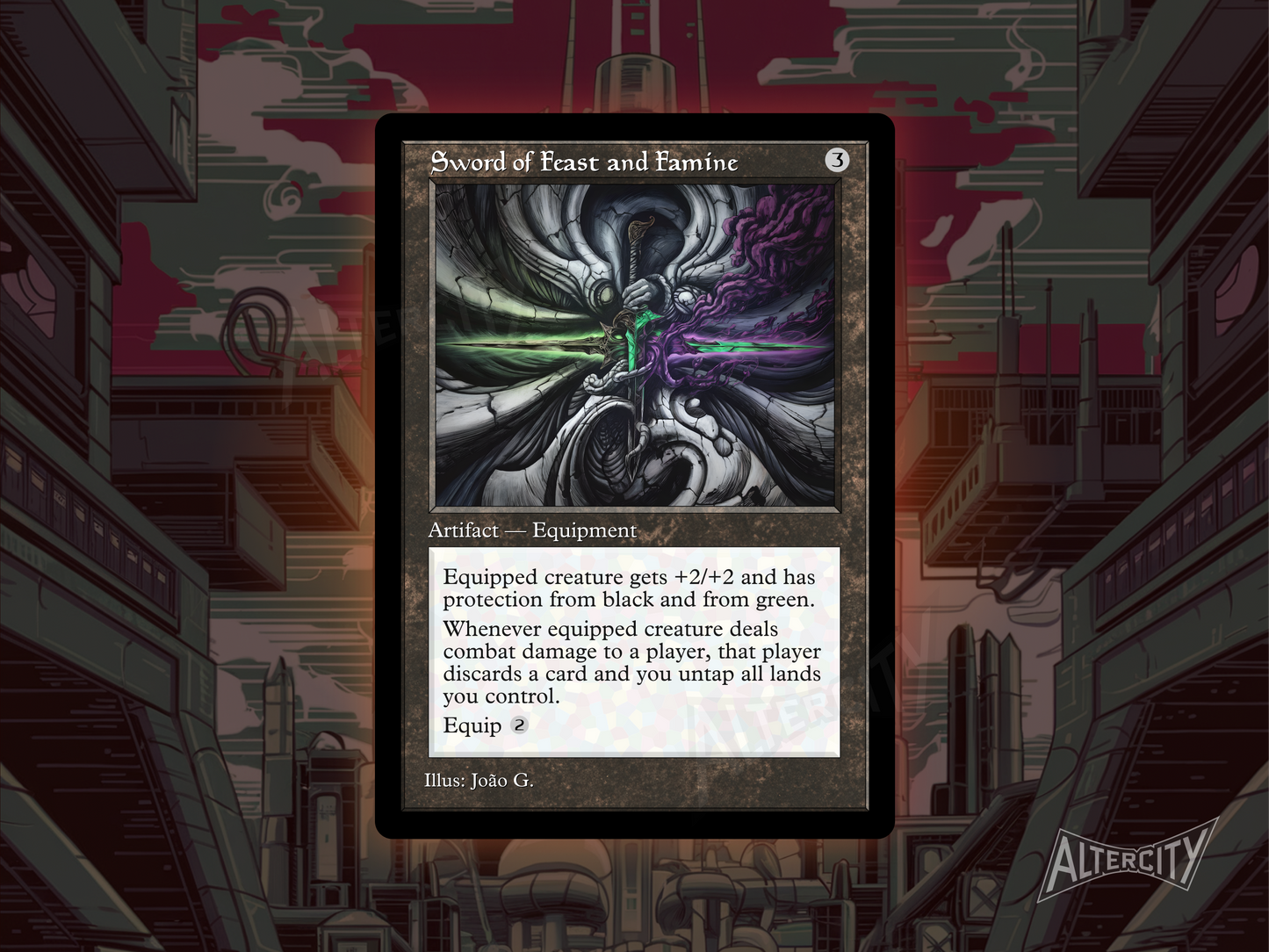 Custom Sword of Feast and Famine Magic proxy with detailed altered art for Commander play.