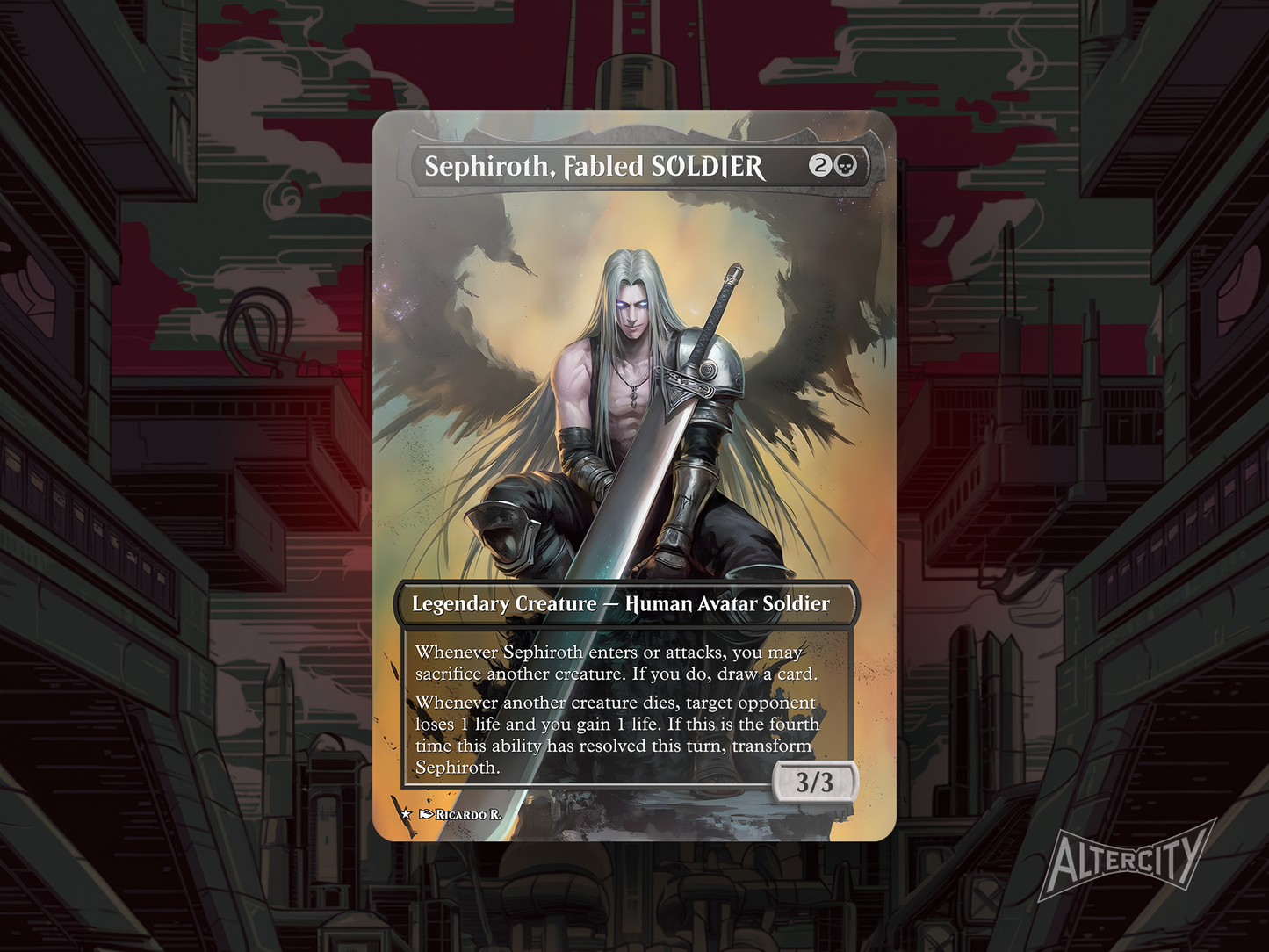 Custom Sephiroth MTG proxy with dramatic black legendary creature artwork from Final Fantasy.