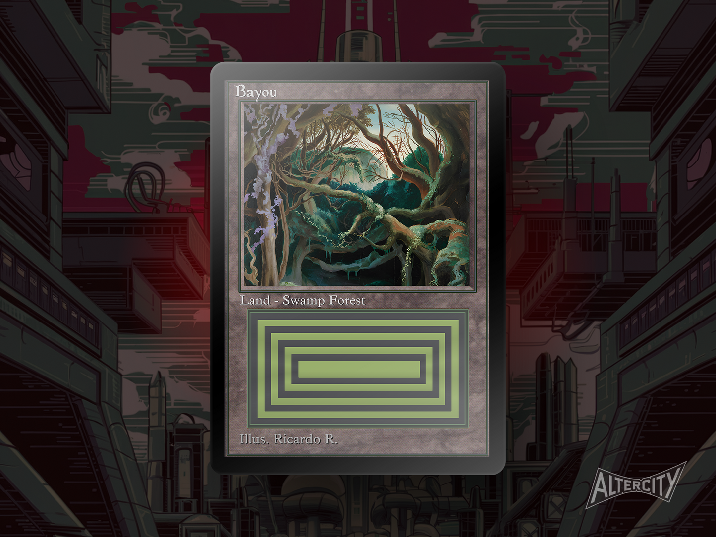 Custom Bayou MTG proxy with dark, swamp-forest themed altered artwork.