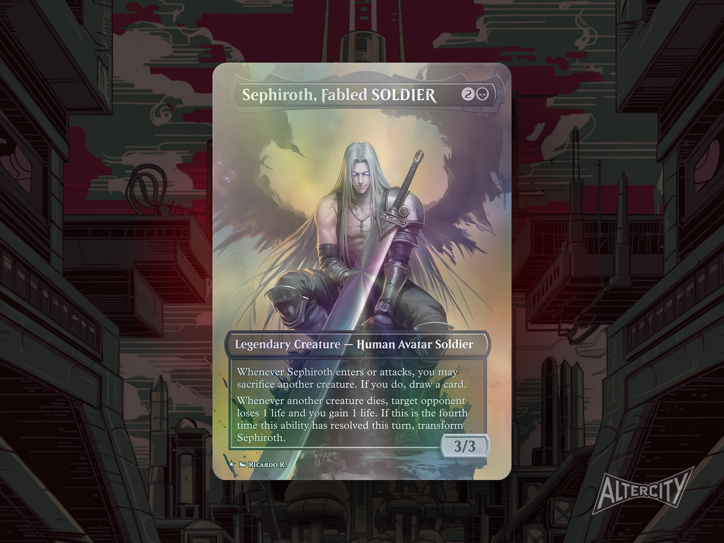 Sephiroth, Fabled SOLDIER - Final Fantasy Full Art Borderless Alter Proxy - MTG Custom Cards, Commander, Edh and Cedh High Quality Alters