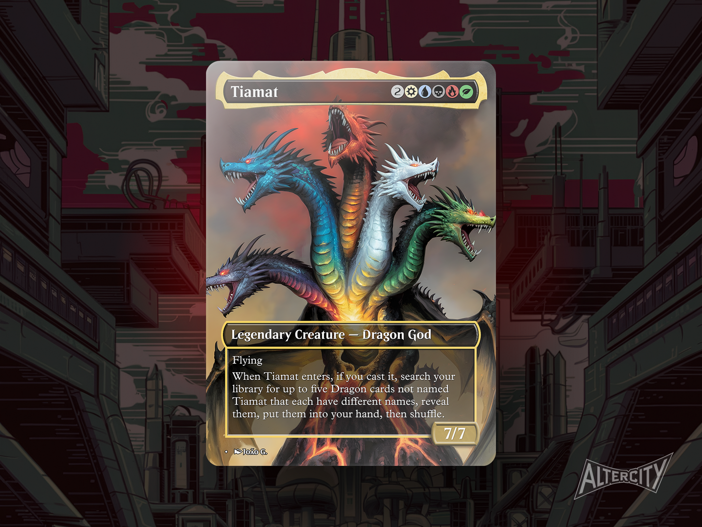 Custom Tiamat MTG proxy with radiant five-headed dragon artwork and fantasy detailing.