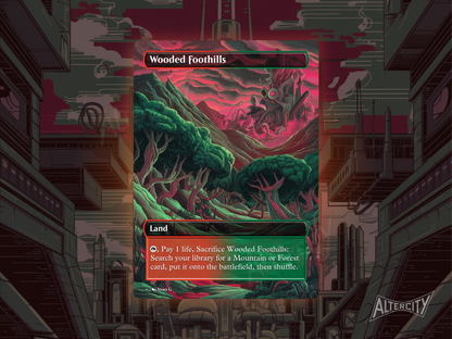 Wooded Foothills (v1) - Full Art Fetch Land Alter - Mtg Custom Cards, Commander, Edh and cEDH High Quality Altered Proxies