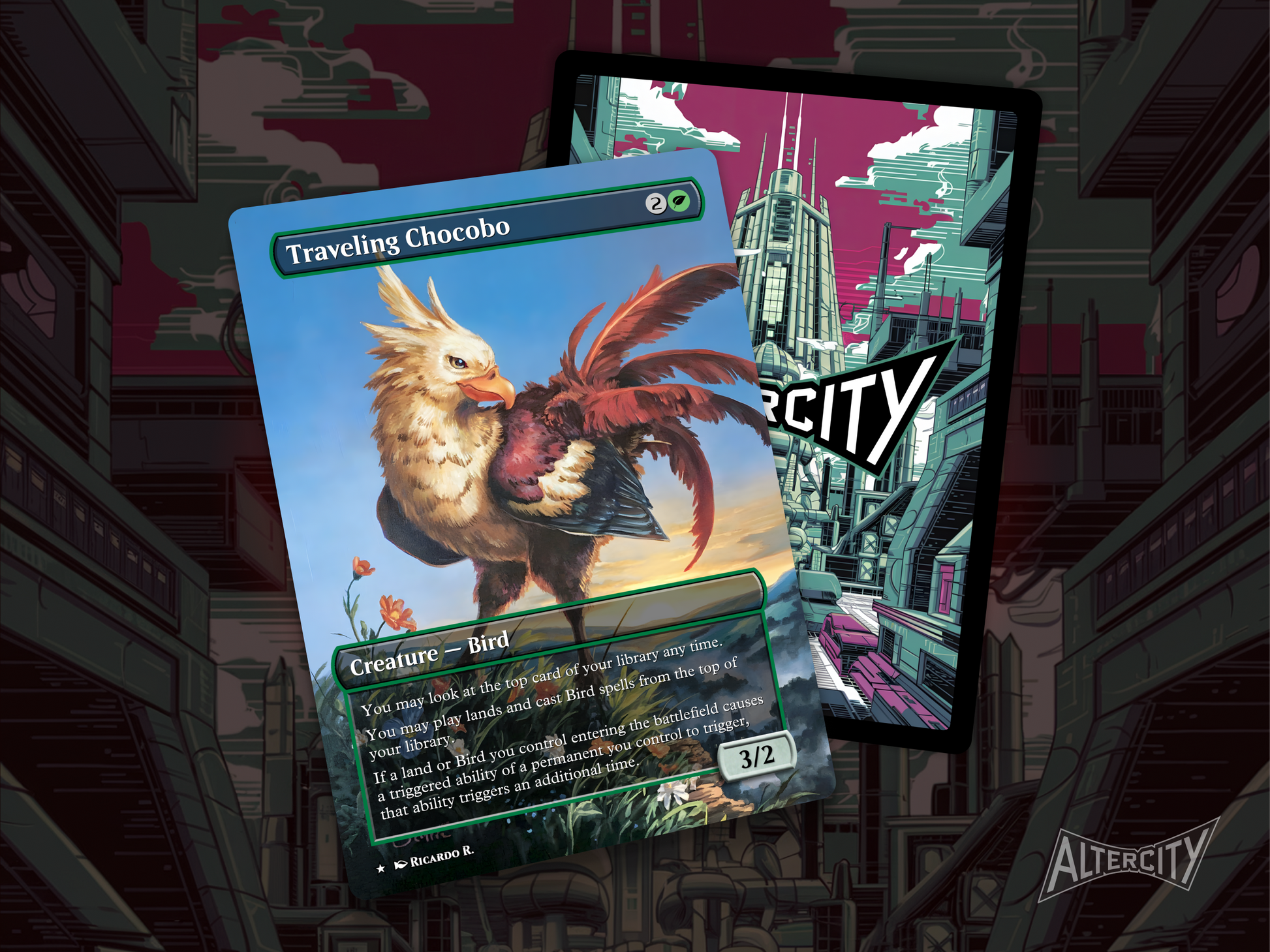 High-resolution Magic proxy of Traveling Chocobo, a green creature inspired by Final Fantasy.