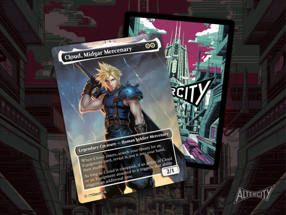 High-resolution Magic proxy of Cloud, Midgar Mercenary as a white legendary creature.

