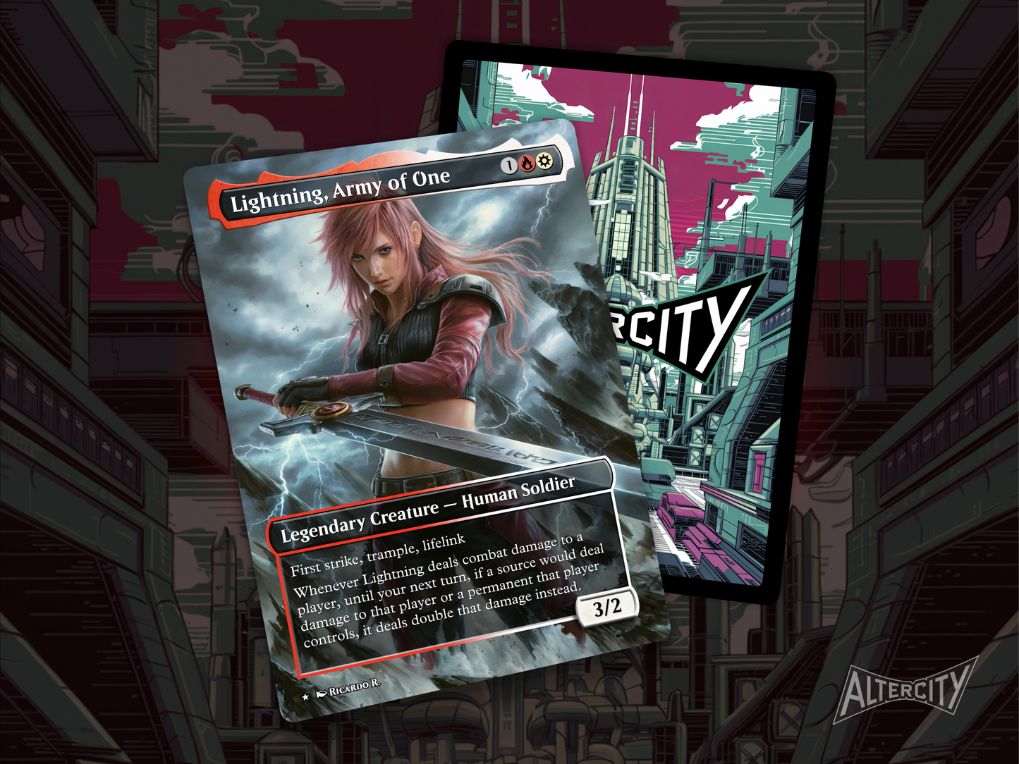 High-resolution Magic proxy of Lightning, Army of One as a legendary RW creature with dynamic flair.