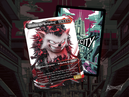 High-resolution Magic proxy of Shadow the Hedgehog as a legendary evasive and aggressive creature.