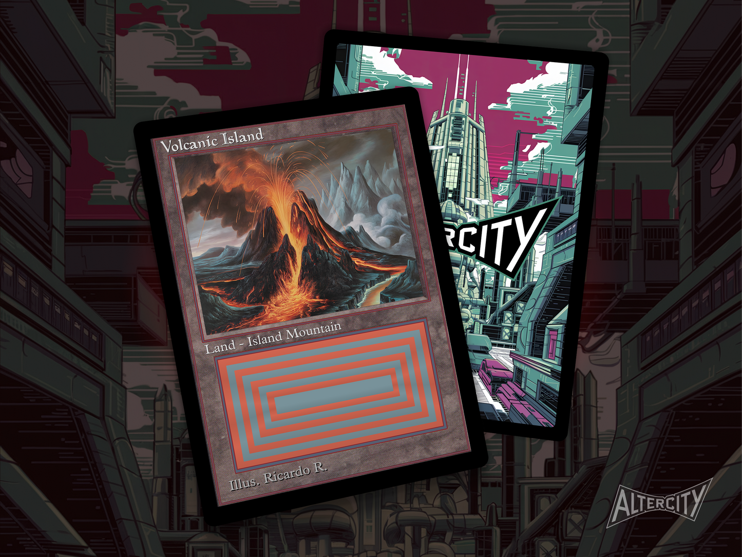 High-quality Magic proxy card featuring old-school frame and dramatic island volcano landscape.