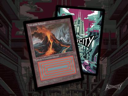 High-quality Magic proxy card featuring old-school frame and dramatic island volcano landscape.