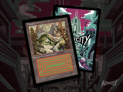 High-quality Magic proxy card featuring classic frame and wild landscape of alpine woods and peaks.