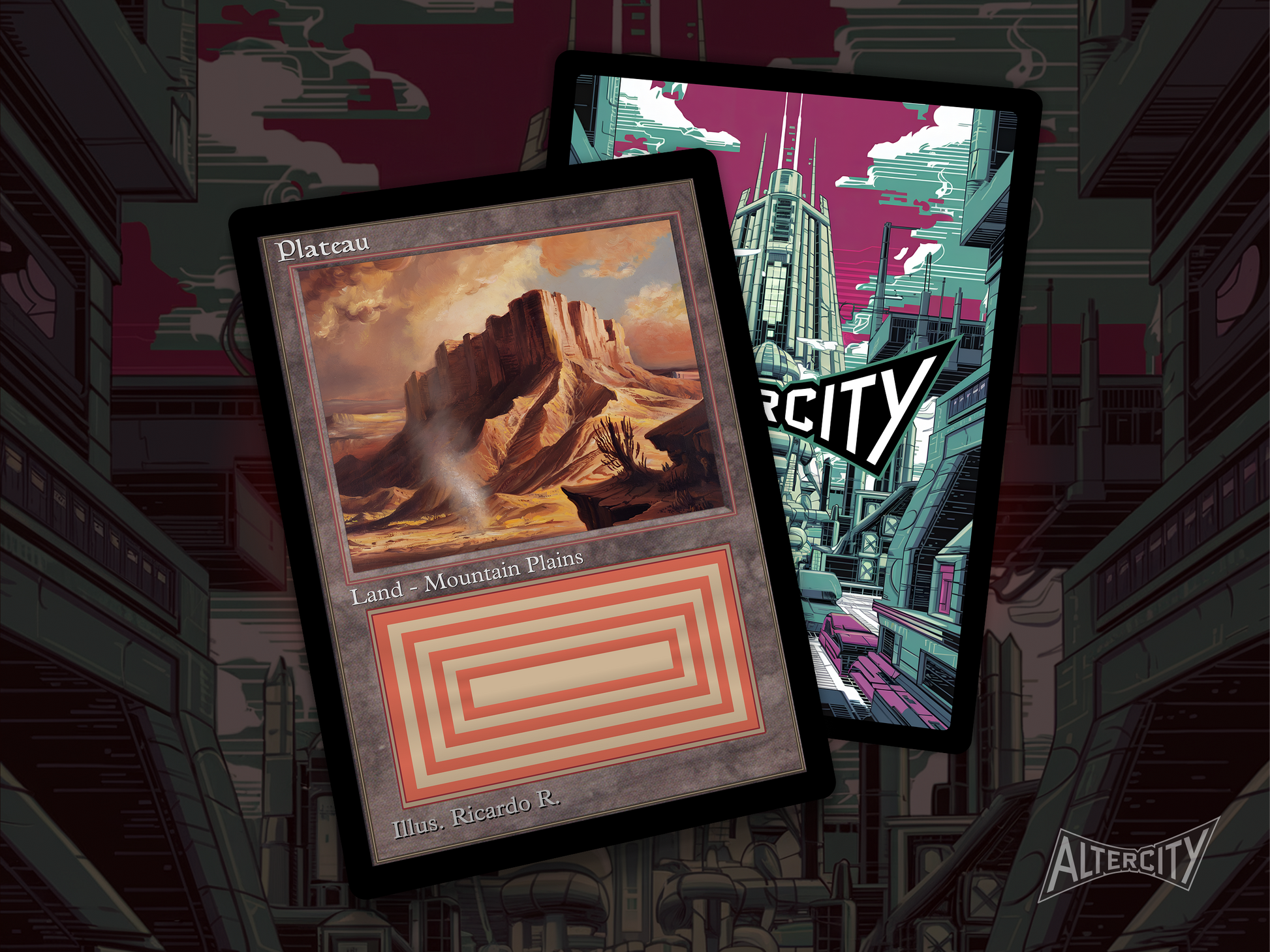 High-quality Magic proxy card featuring old-school frame and expansive plateau landscape under a clear sky.