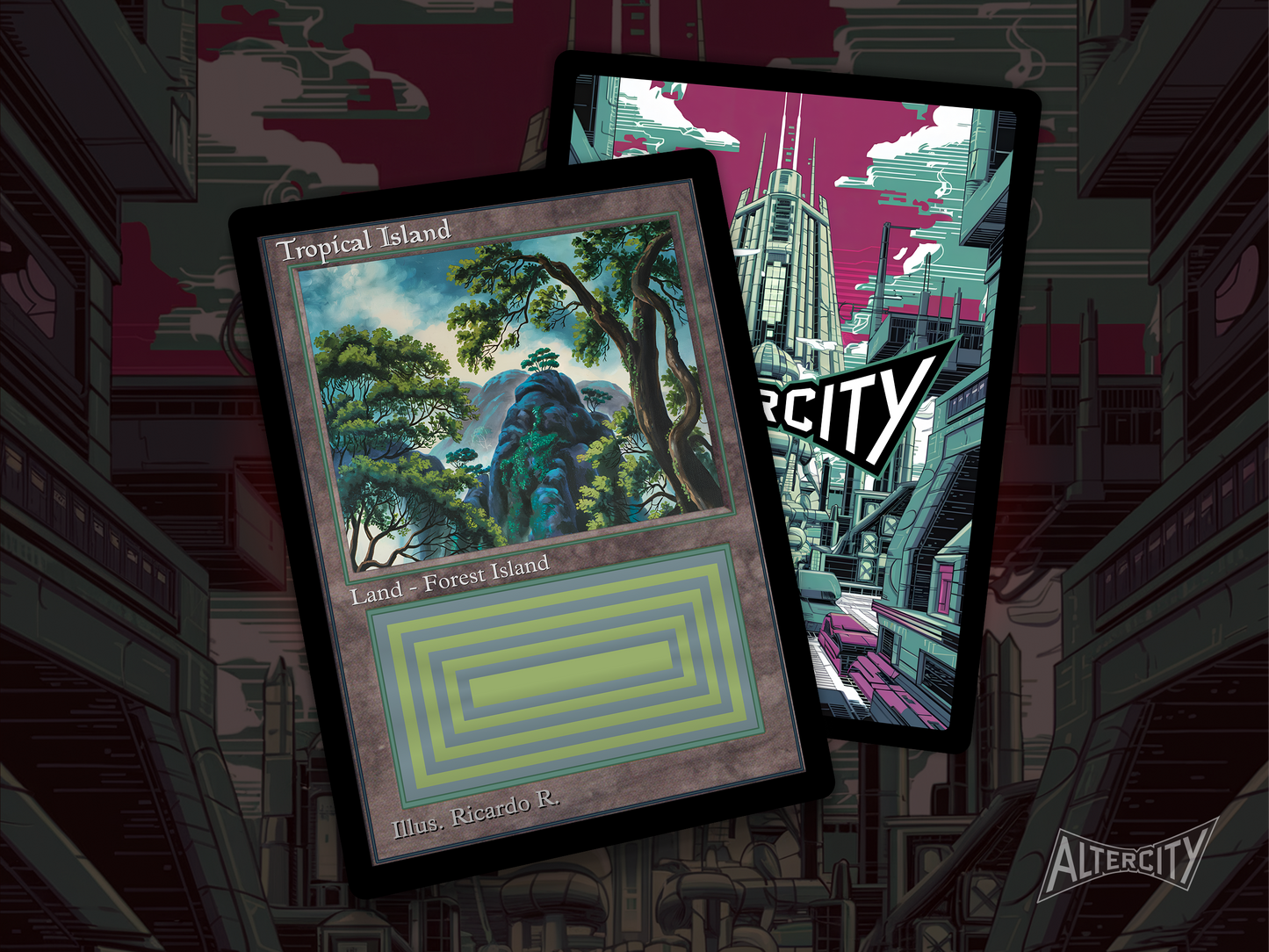 High-quality Magic proxy card featuring classic frame and serene tropical landscape with forest and sea.