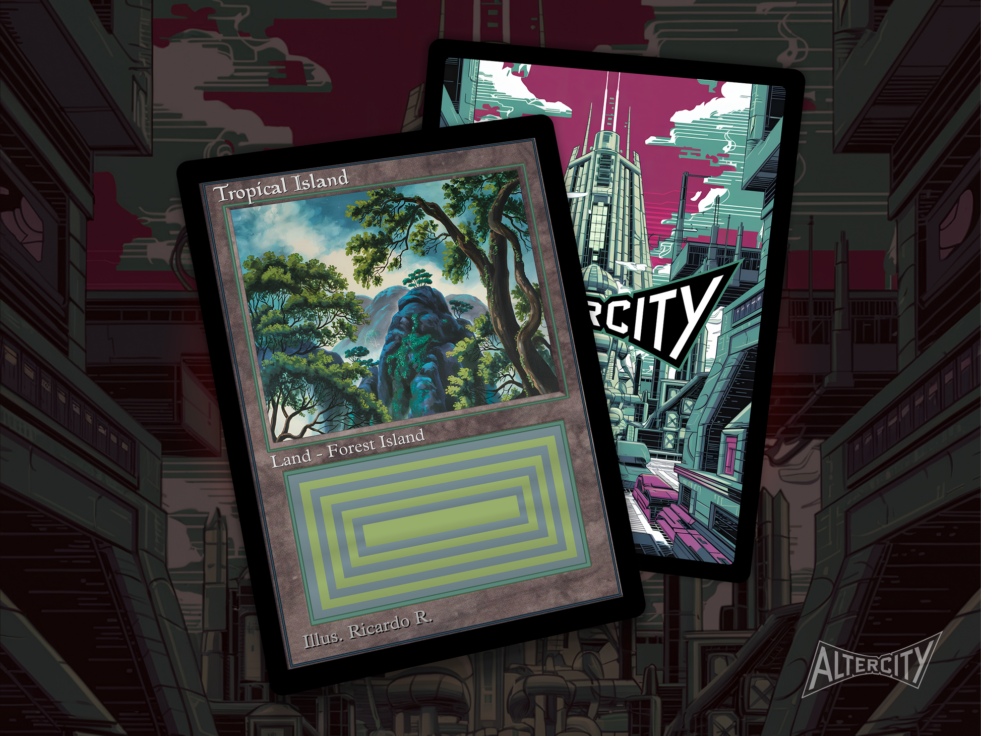 High-quality Magic proxy card featuring classic frame and serene tropical landscape with forest and sea.