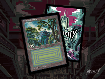 High-quality Magic proxy card featuring classic frame and serene tropical landscape with forest and sea.