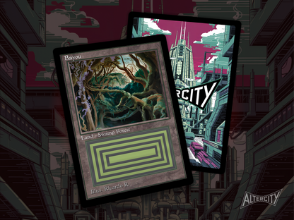High-resolution Magic proxy of Bayou dual land with Golgari mana and classic feel.