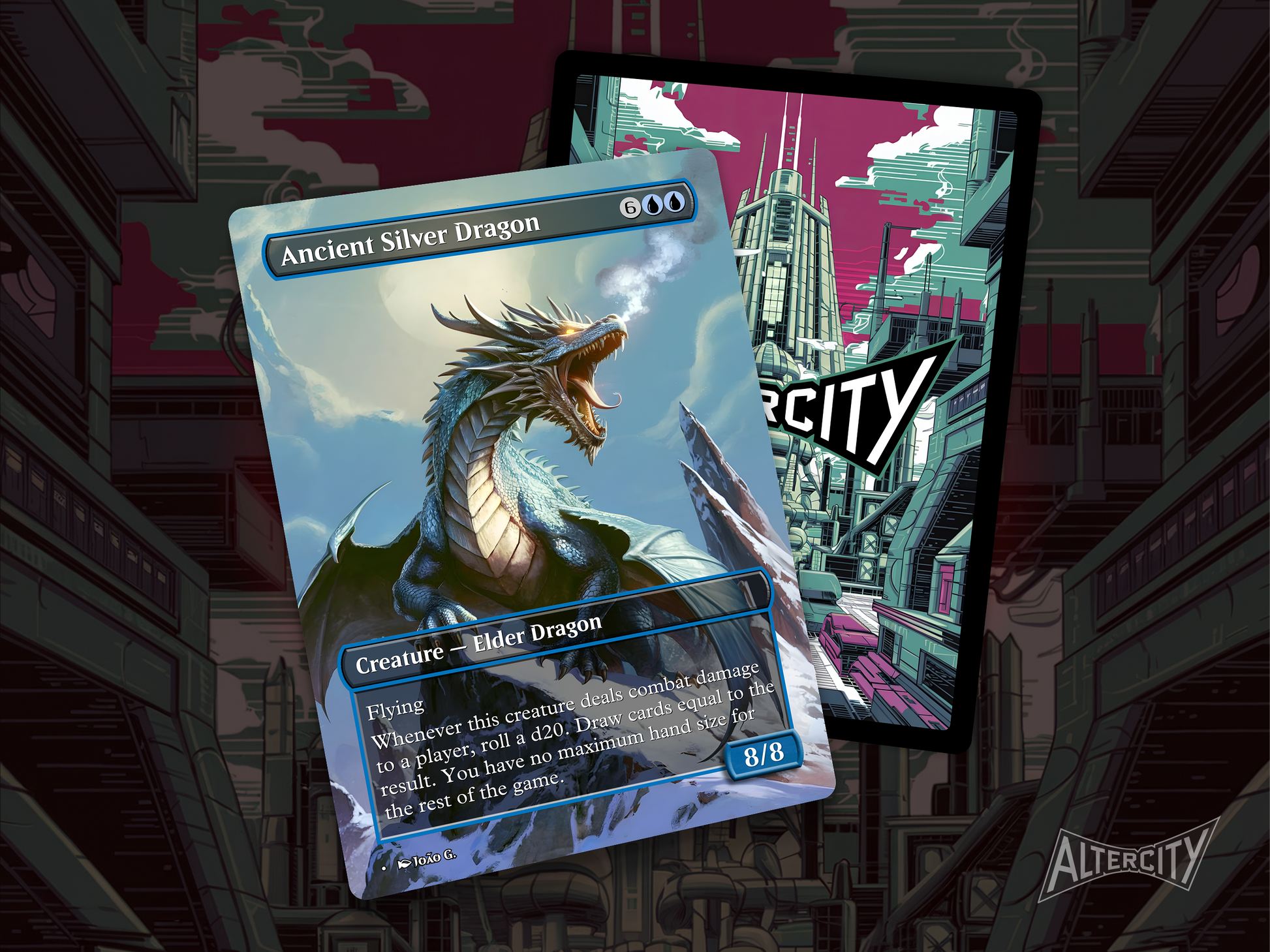 High-quality Magic proxy card featuring full-art design of a silver-scaled dragon unleashing arcane energy.