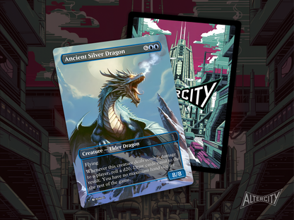 High-quality Magic proxy card featuring full-art design of a silver-scaled dragon unleashing arcane energy.