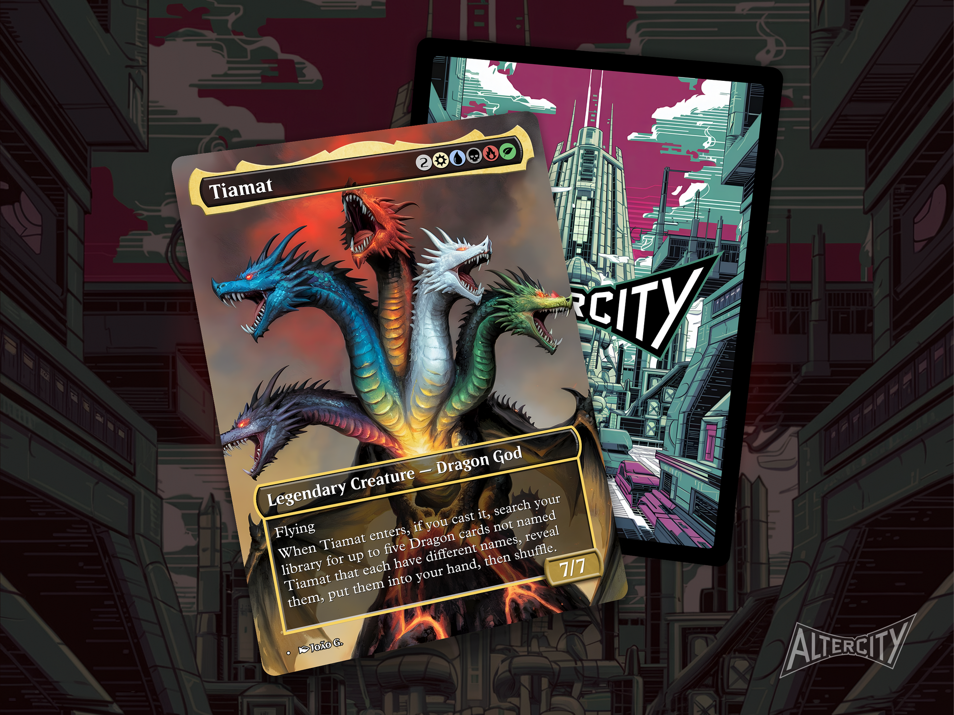High-resolution Magic proxy of Tiamat as a multicolor dragon legend for Commander decks.