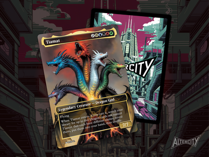 High-resolution Magic proxy of Tiamat as a multicolor dragon legend for Commander decks.