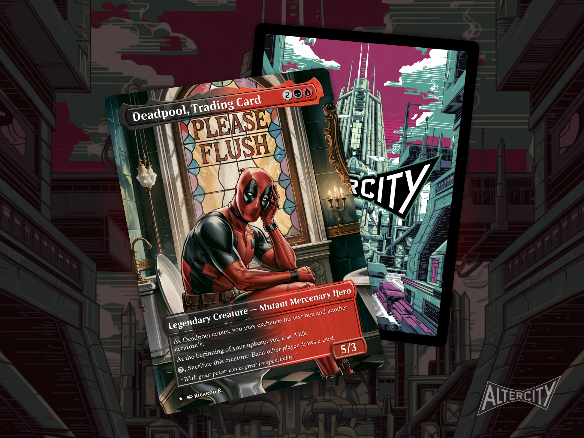 Deadpool-themed Magic: The Gathering proxy card with comic-style custom artwork.