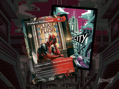 Deadpool-themed Magic: The Gathering proxy card with comic-style custom artwork.