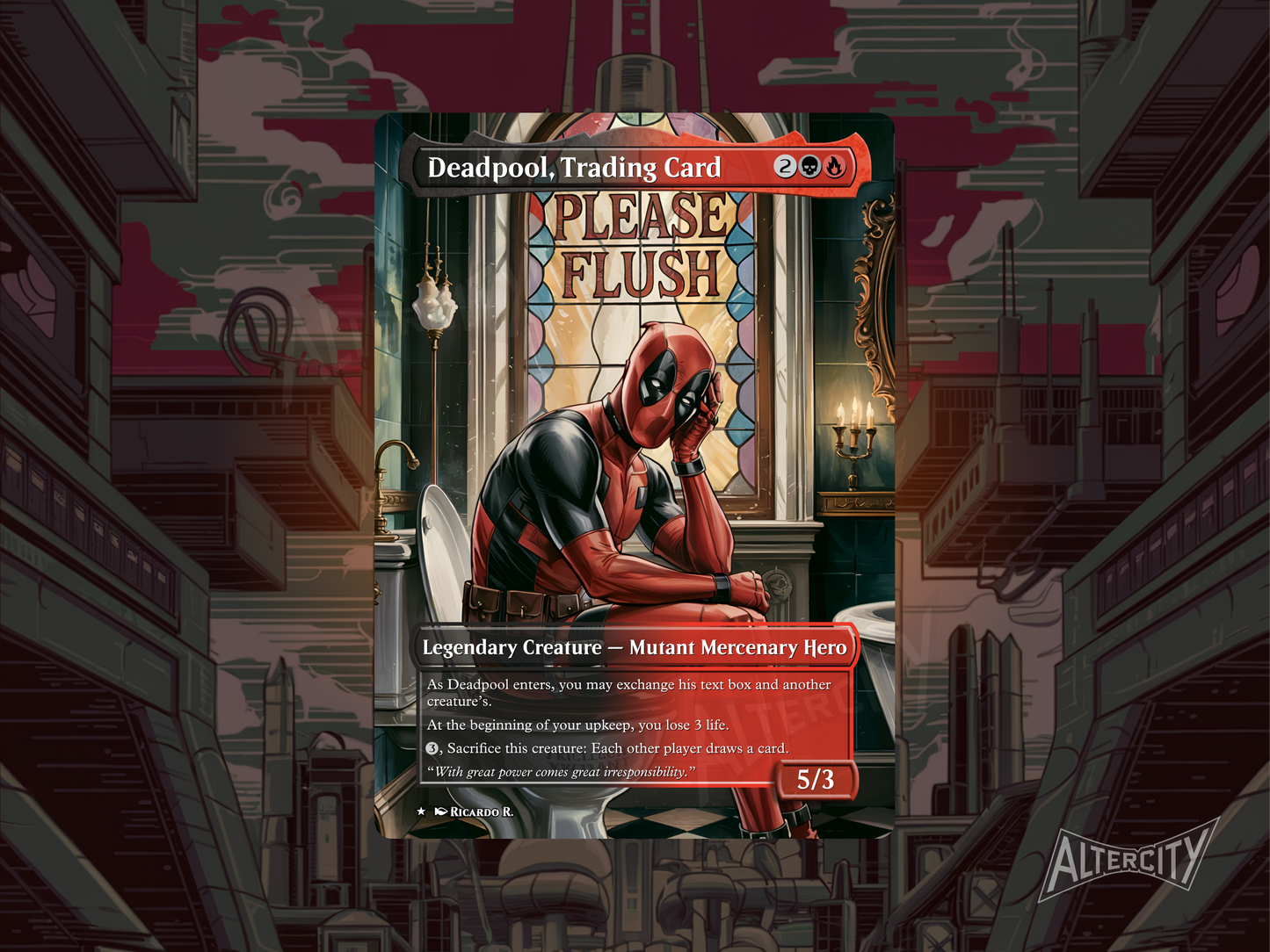 Custom Deadpool Magic proxy card with unique full-art design, perfect for Commander.
