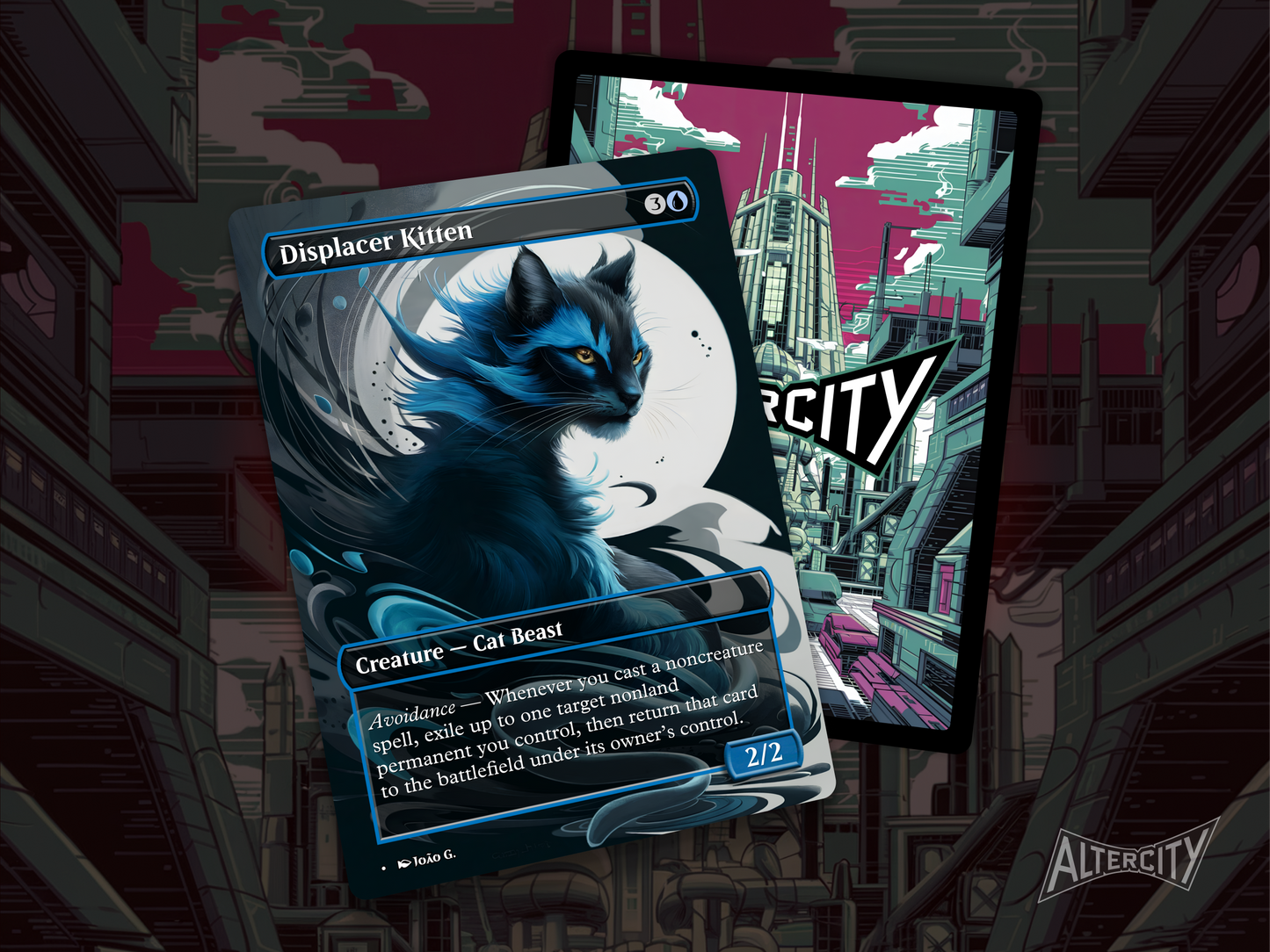 Displacer Kitten (v1) - Full Art Borderless Alter - MTG Custom Cards, Commander, Edh and Cedh High Quality Alters