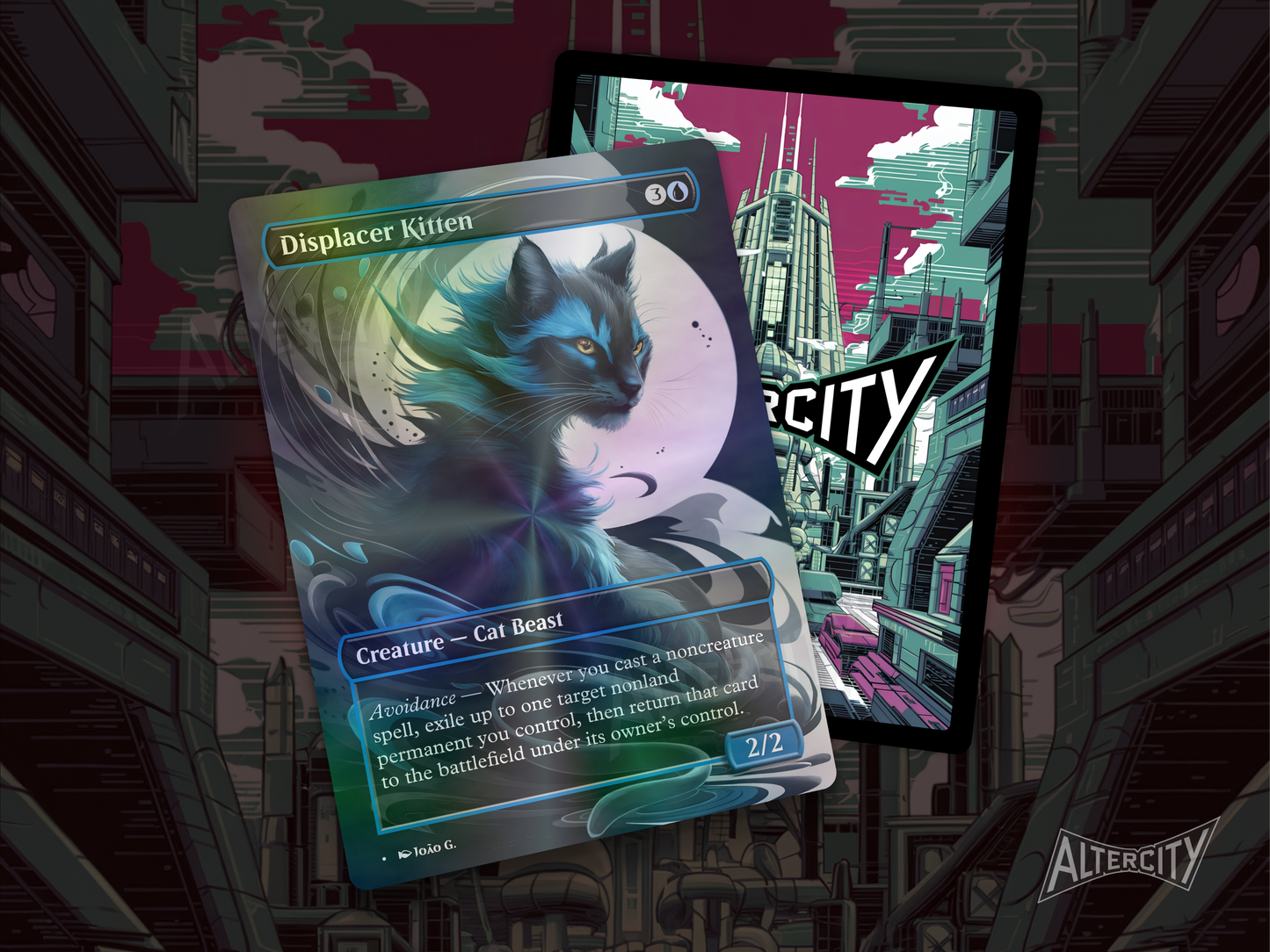 Displacer Kitten (v1) - Full Art Borderless Alter - MTG Custom Cards, Commander, Edh and Cedh High Quality Alters