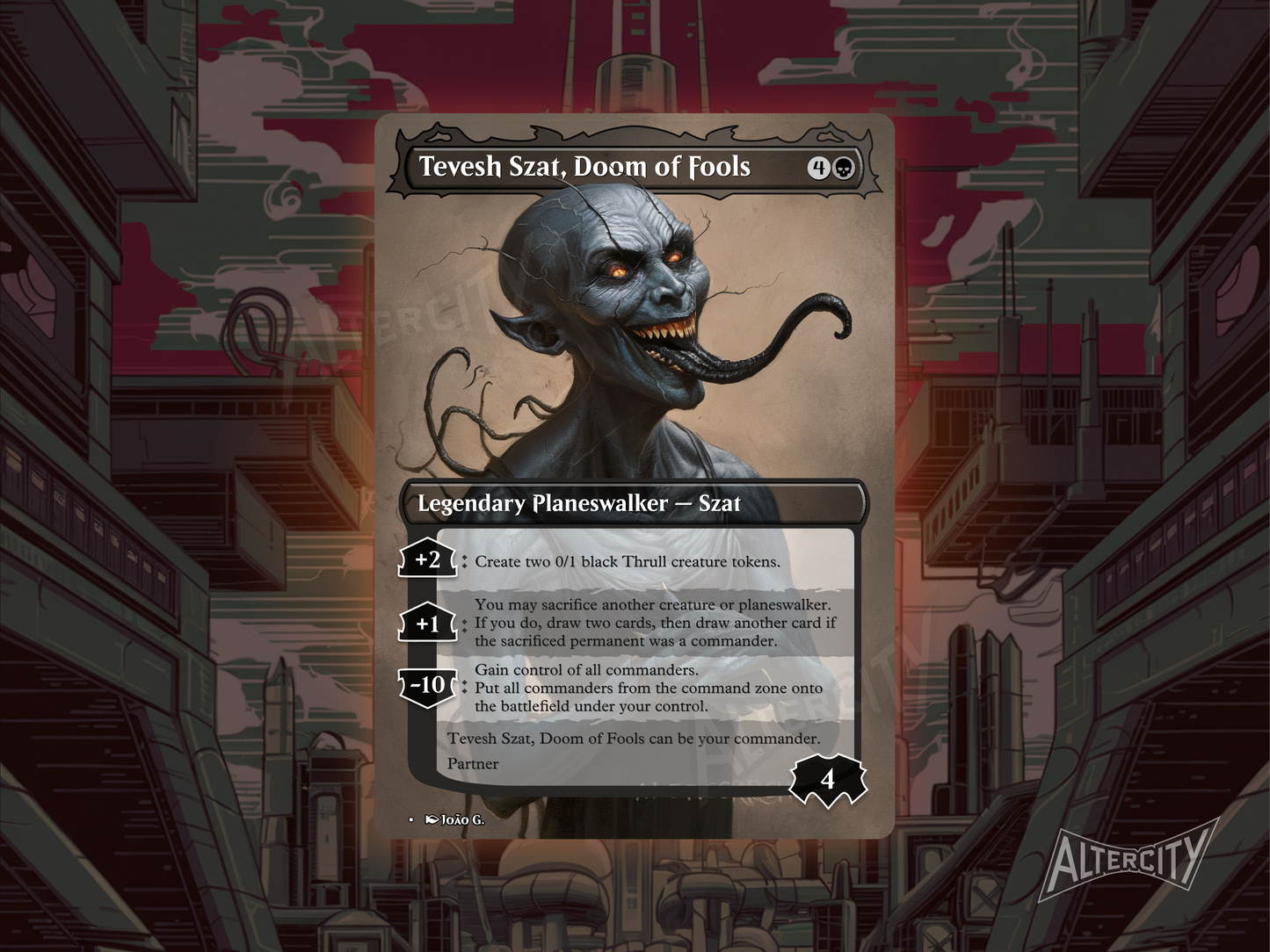 Tevesh Szat, Doom of Fools proxy with dark altered art of a sinister sorcerer cloaked in shadows.