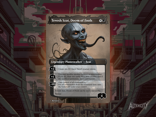 Tevesh Szat, Doom of Fools proxy with dark altered art of a sinister sorcerer cloaked in shadows.