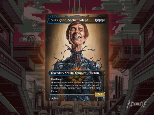 Silas Renn, Seeker Adept proxy with dark altered art of a stealthy rogue wielding weapons in shadow.