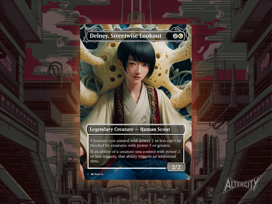 Delney, Streetwise Lookout (v1) - Full Art Borderless Alter - MTG Custom Cards, Commander, Edh and Cedh High Quality Alters
