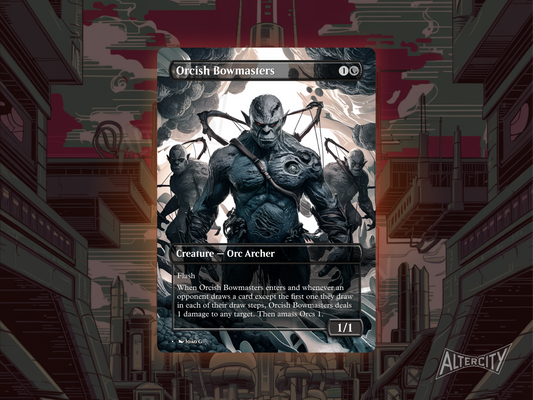 Orcish Bowmasters proxy with aggressive red altered art of tribal archers aiming arrows.