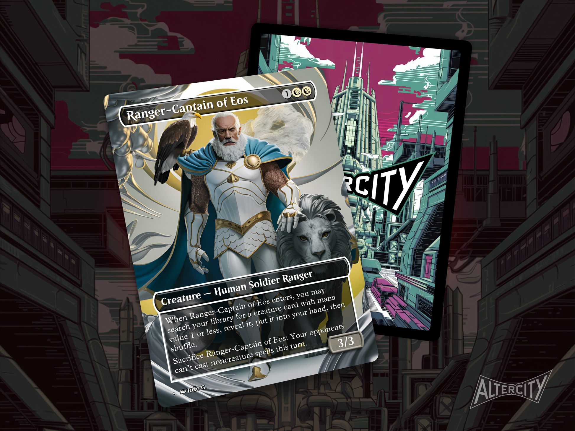 Ranger-Captain of Eos proxy with noble white altered art of a commanding knight with radiant light.