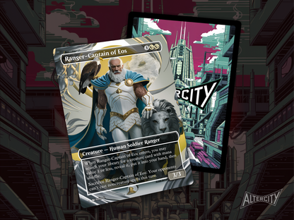 Ranger-Captain of Eos proxy with noble white altered art of a commanding knight with radiant light.