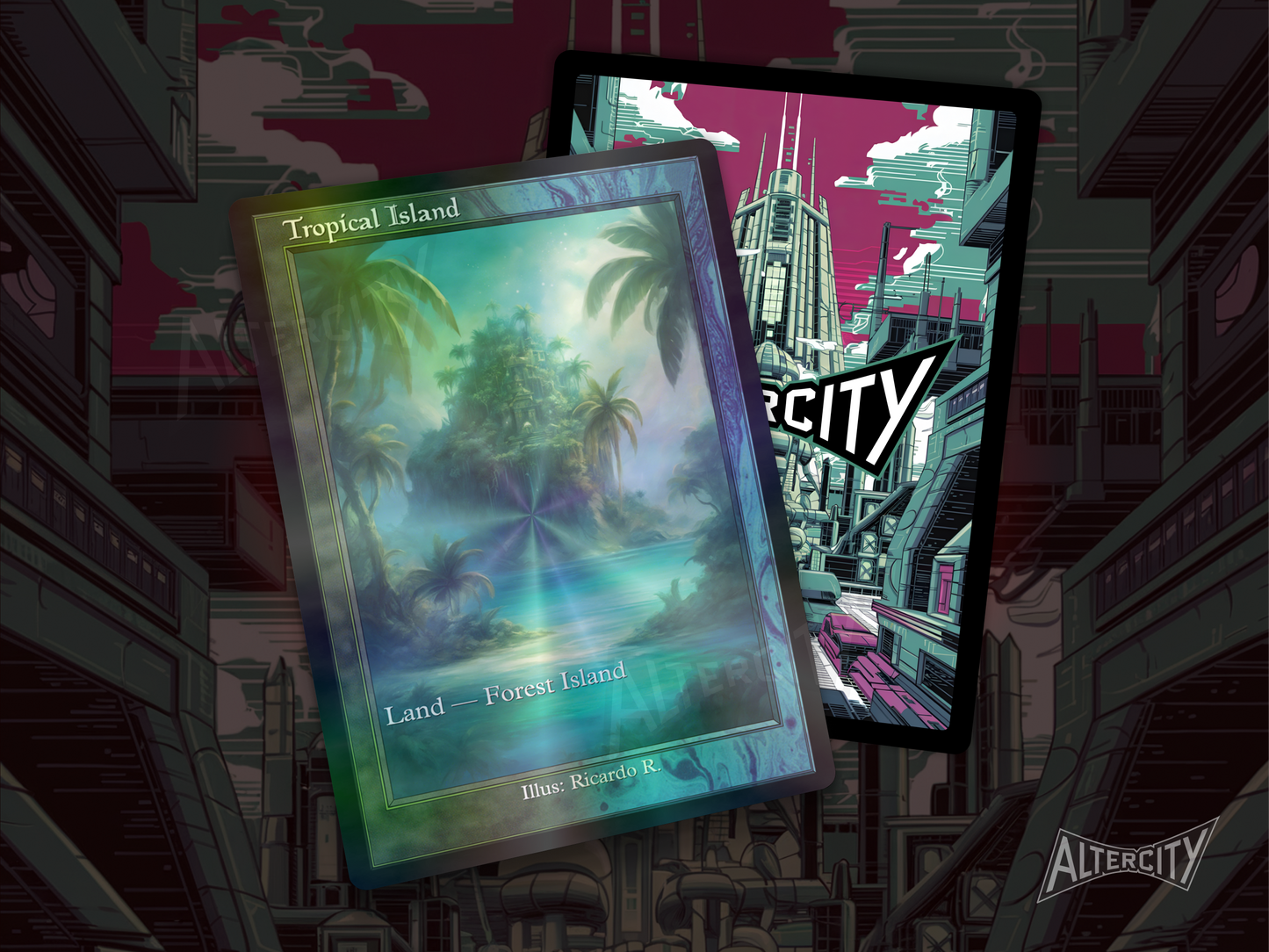 Tropical Island (v2) - Dual Land Old School Retro Frame Alter - Mtg Custom Cards, Commander, Edh and cEDH High Quality Altered Proxies