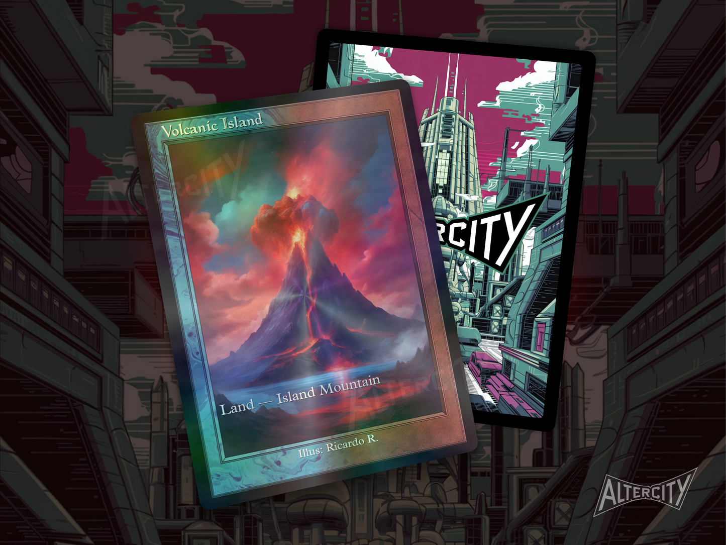 Volcanic Island (v2) - Dual Land Old School Retro Frame Alter - Mtg Custom Cards, Commander, Edh and cEDH High Quality Altered Proxies
