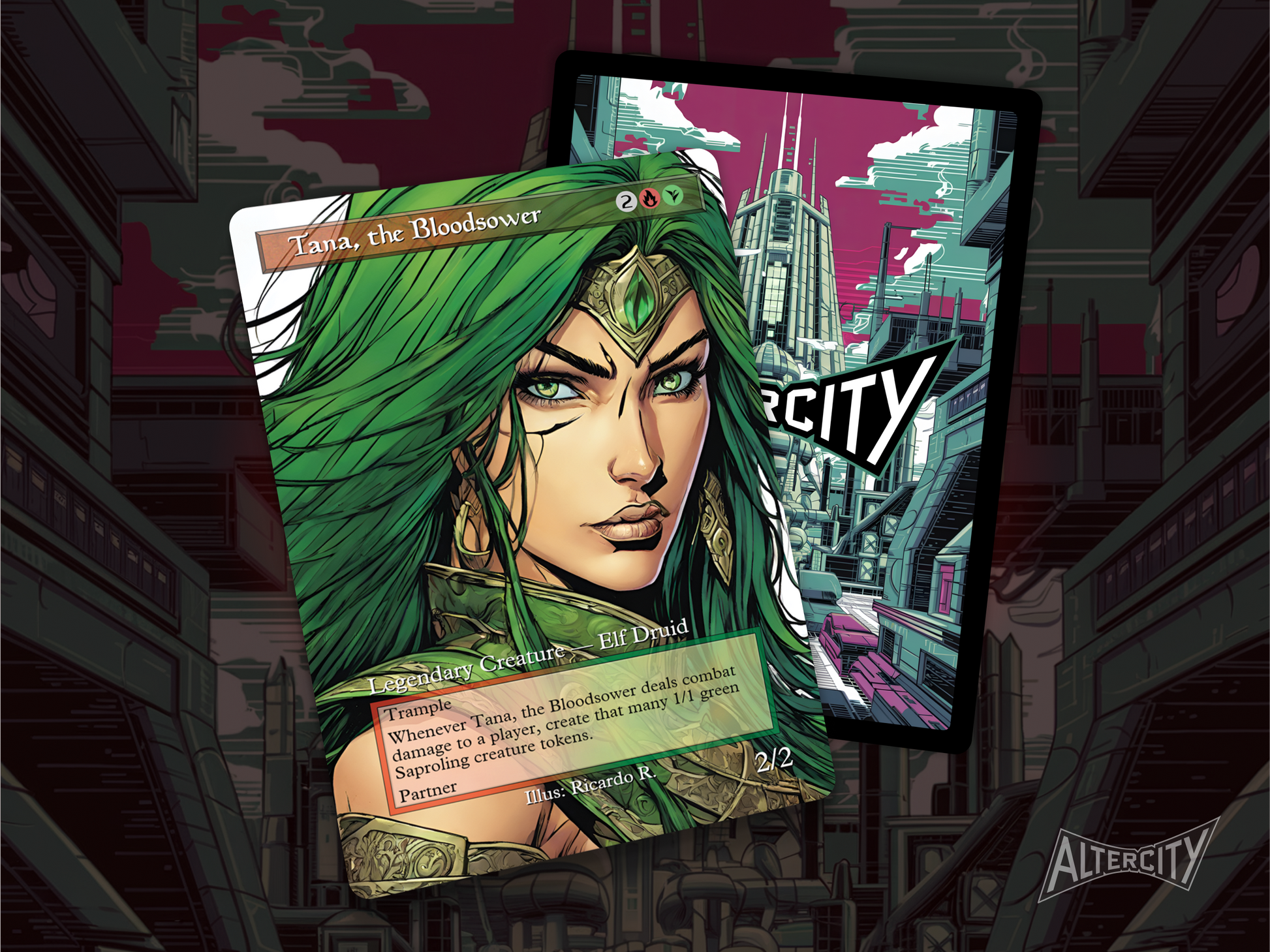 High-quality Magic proxy of Tana, the Bloodsower featuring dynamic altered artwork and token generation.